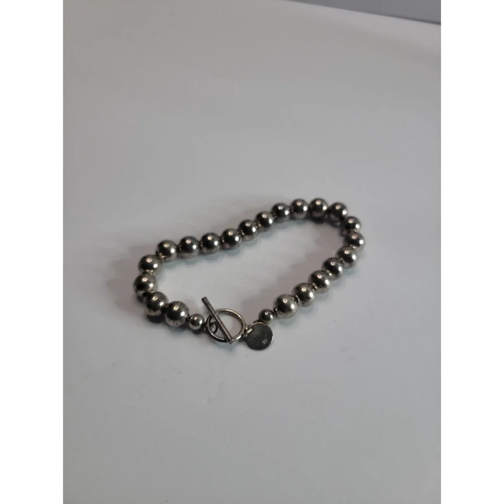 925 Sterling Silver Beaded Bracelet with Toggle Clasp and Round Charm